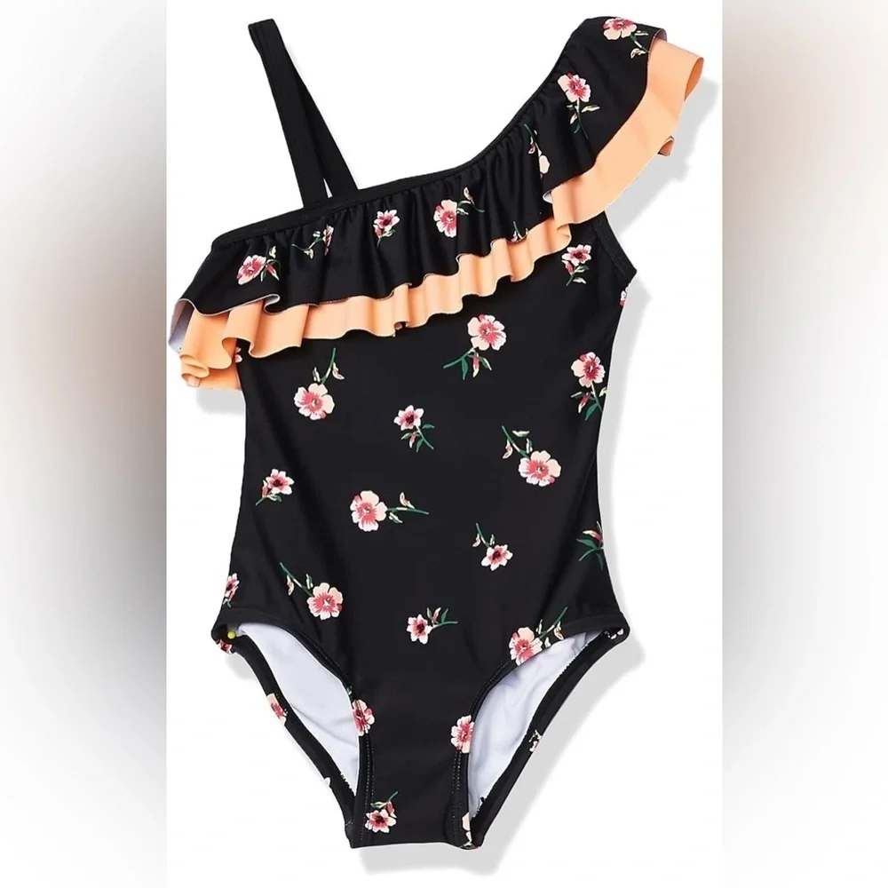 NEW-Kanu Surf Girls' Morgan Floral Ruffle 1-Shoulder one Piece Swimsuit